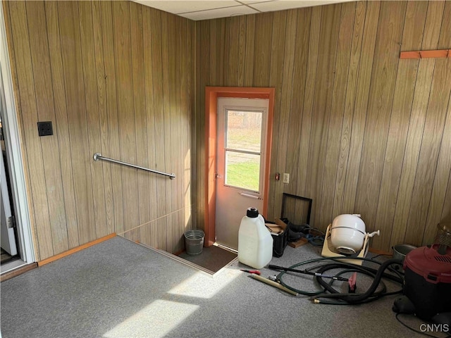 misc room with carpet flooring and wooden walls