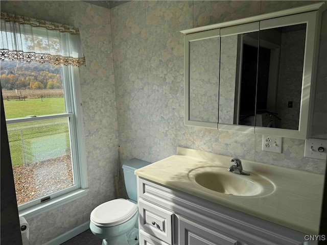 bathroom featuring vanity, toilet, and a wealth of natural light