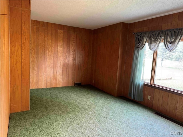 carpeted spare room with wooden walls and a textured ceiling