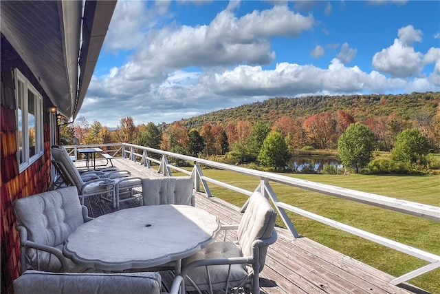 wooden terrace with a water view and a yard