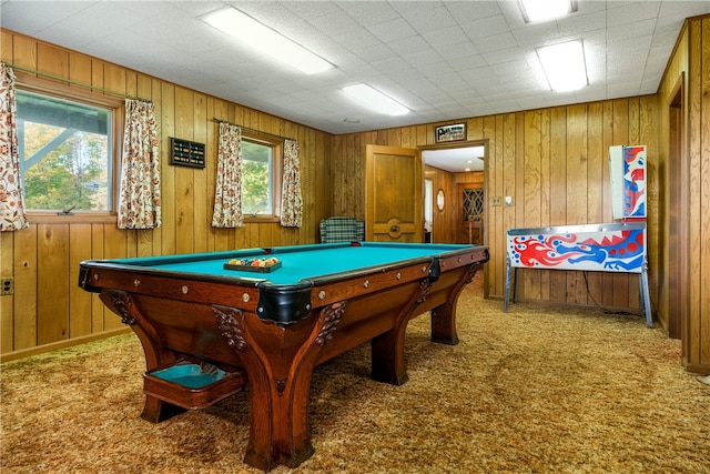 game room featuring wooden walls, billiards, and carpet