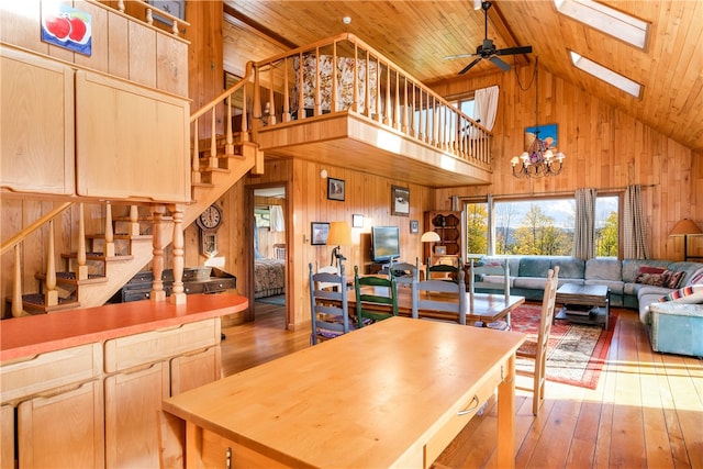 dining area with wood ceiling, high vaulted ceiling, a skylight, and wood walls
