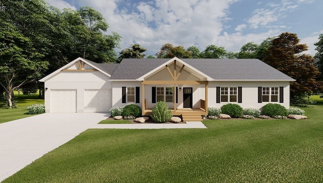 ranch-style home with a front yard, a garage, and covered porch