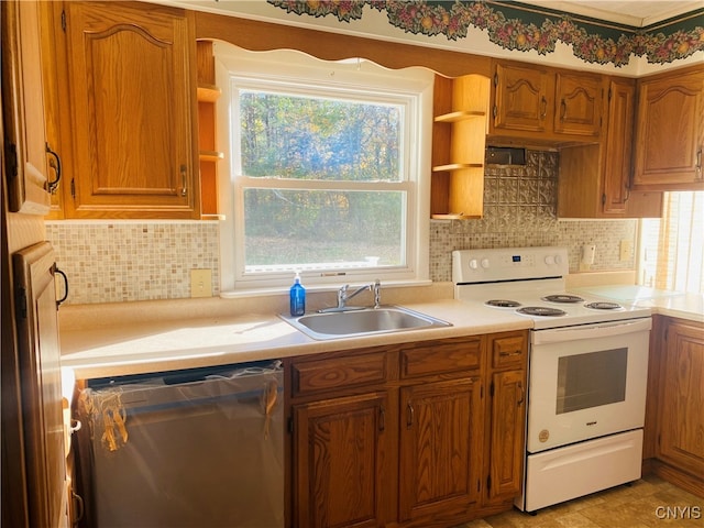 kitchen featuring plenty of natural light, white electric range oven, sink, and stainless steel dishwasher