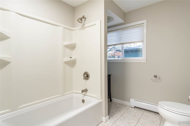 bathroom with bathtub / shower combination, a baseboard heating unit, toilet, and tile patterned flooring