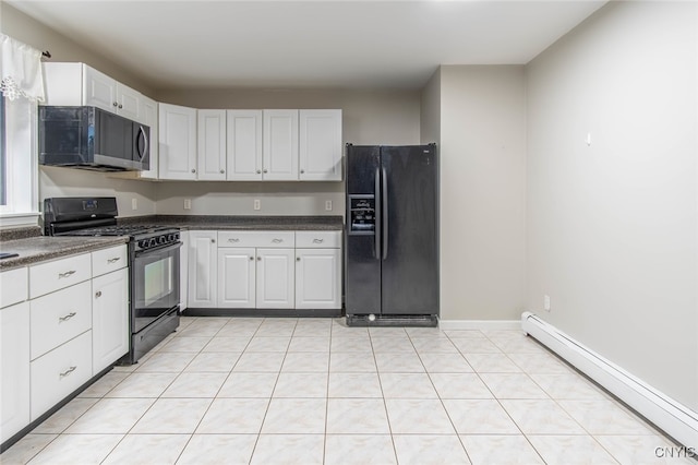 kitchen featuring white cabinetry, black appliances, and a baseboard heating unit