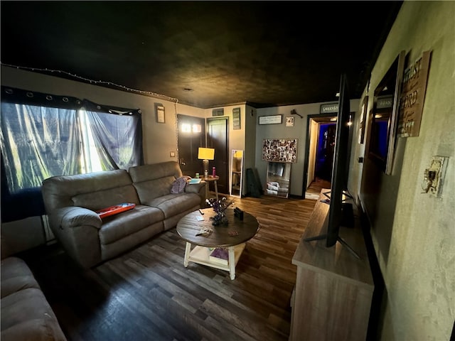 living room with dark wood-type flooring