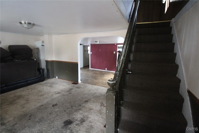 stairs with hardwood / wood-style flooring