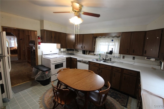 kitchen featuring sink, dark brown cabinetry, light colored carpet, white appliances, and ceiling fan