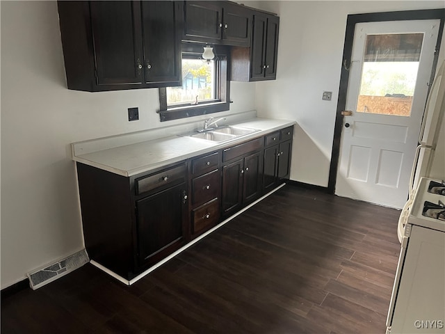 kitchen featuring dark hardwood / wood-style floors, a healthy amount of sunlight, sink, and white range oven