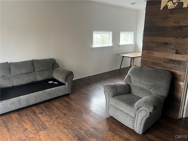 living area featuring wood walls and dark hardwood / wood-style floors