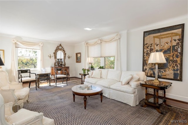 living room featuring hardwood / wood-style flooring, ornamental molding, and a wealth of natural light