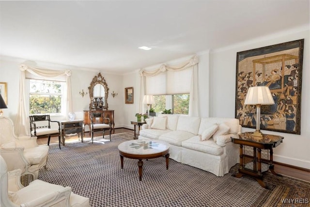 living area featuring baseboards and ornamental molding