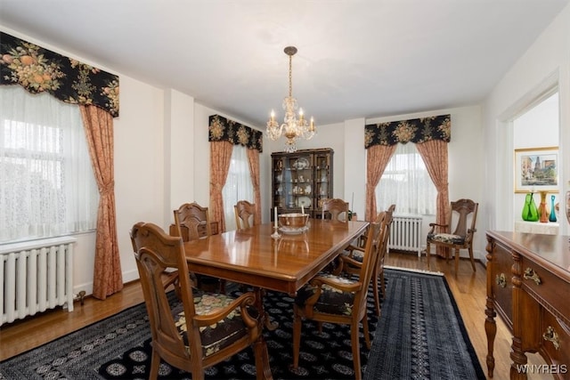 dining area with light hardwood / wood-style flooring, a notable chandelier, and radiator heating unit