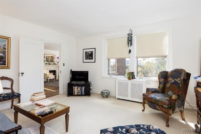 living area with carpet flooring, baseboards, radiator heating unit, and a fireplace