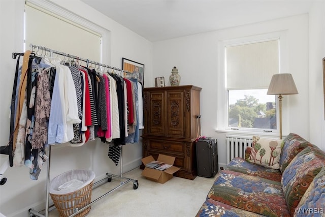 walk in closet featuring light colored carpet and radiator heating unit