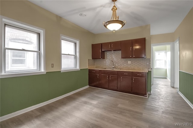 kitchen with tasteful backsplash, dark brown cabinetry, light hardwood / wood-style flooring, and plenty of natural light