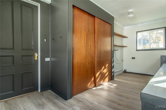 interior space featuring crown molding and light wood-type flooring