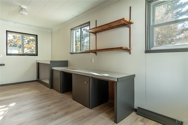 interior space featuring ornamental molding and light hardwood / wood-style flooring