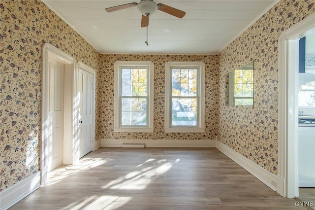 spare room with light hardwood / wood-style floors, a healthy amount of sunlight, and ceiling fan