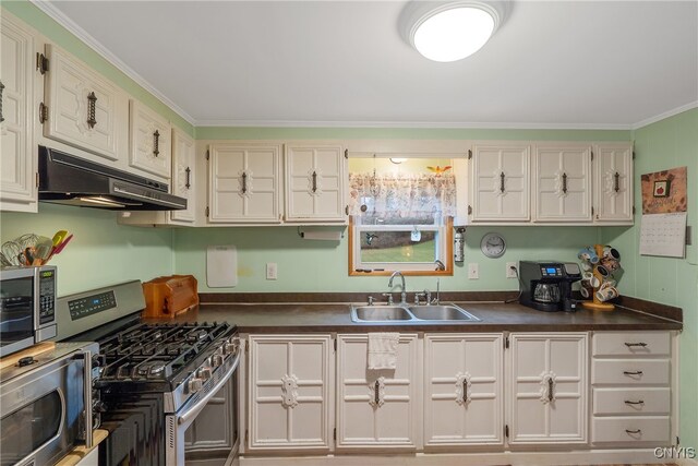 kitchen featuring extractor fan, ornamental molding, sink, white cabinets, and appliances with stainless steel finishes