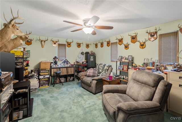 carpeted living room with a textured ceiling and ceiling fan