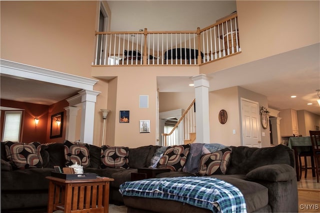 living room with ornate columns