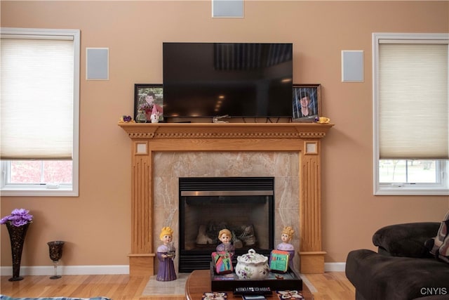 room details featuring hardwood / wood-style flooring and a high end fireplace