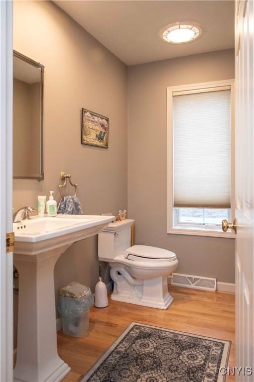 bathroom featuring wood-type flooring, toilet, and sink