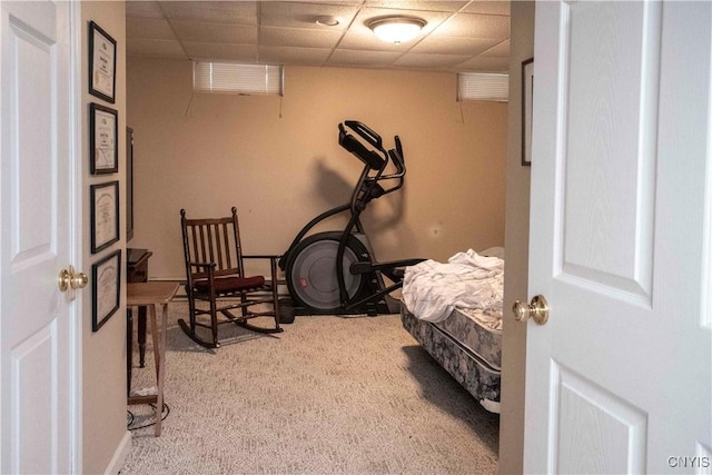 exercise room featuring light carpet and a paneled ceiling