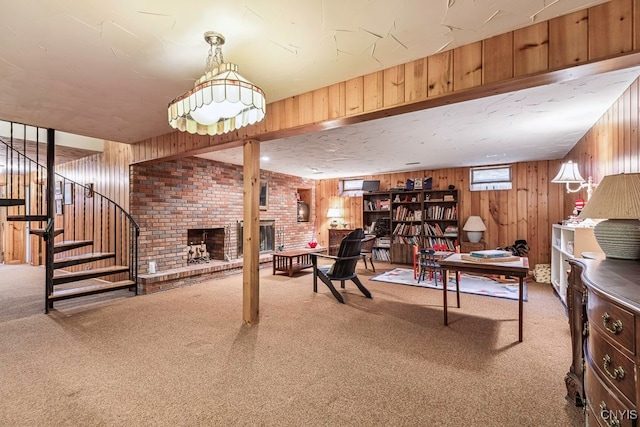 interior space featuring wooden walls and a fireplace