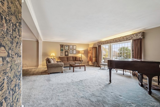 living room with ornamental molding and carpet flooring