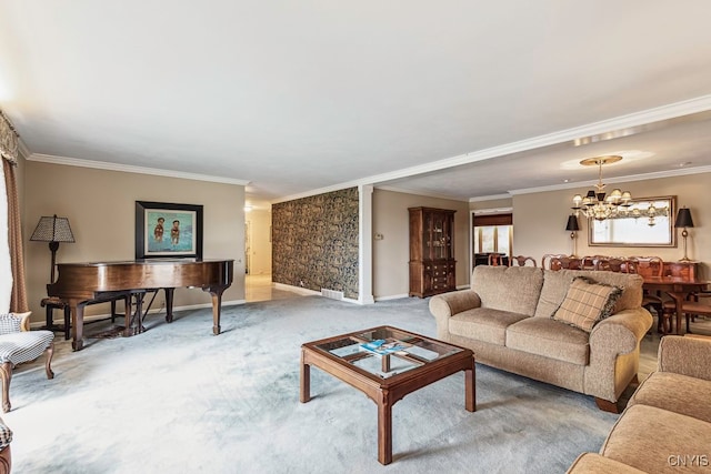 living room featuring an inviting chandelier, ornamental molding, and carpet flooring