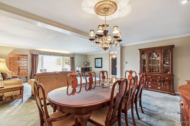 carpeted dining room featuring crown molding and a notable chandelier