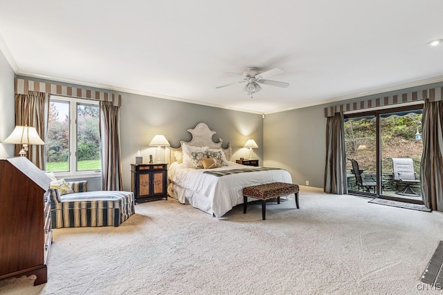 carpeted bedroom with crown molding, multiple windows, access to outside, and ceiling fan