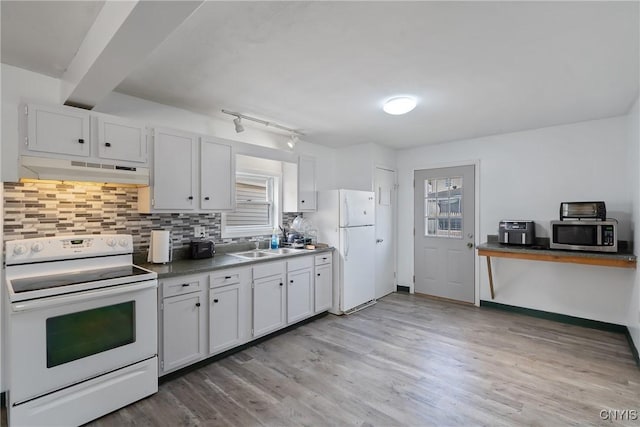 kitchen featuring white appliances, white cabinets, and under cabinet range hood