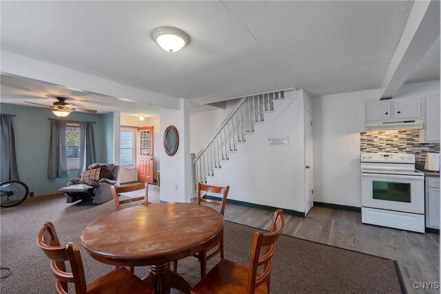 dining room with dark wood-type flooring and ceiling fan