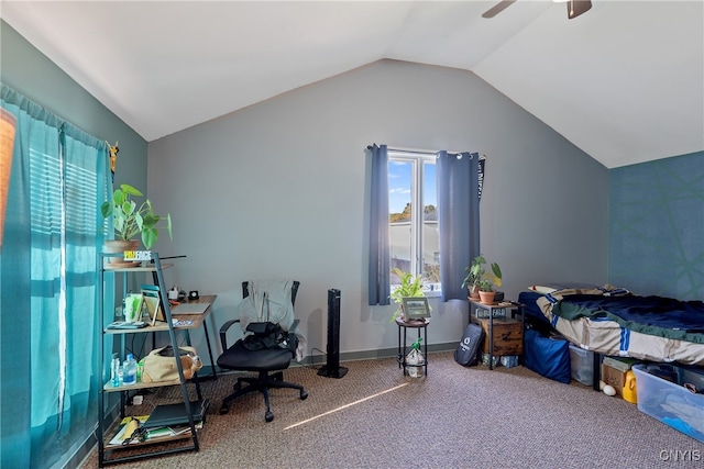 bedroom with ceiling fan, carpet, and lofted ceiling