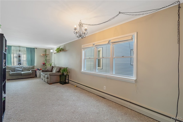 living room with a chandelier, carpet, baseboard heating, and crown molding