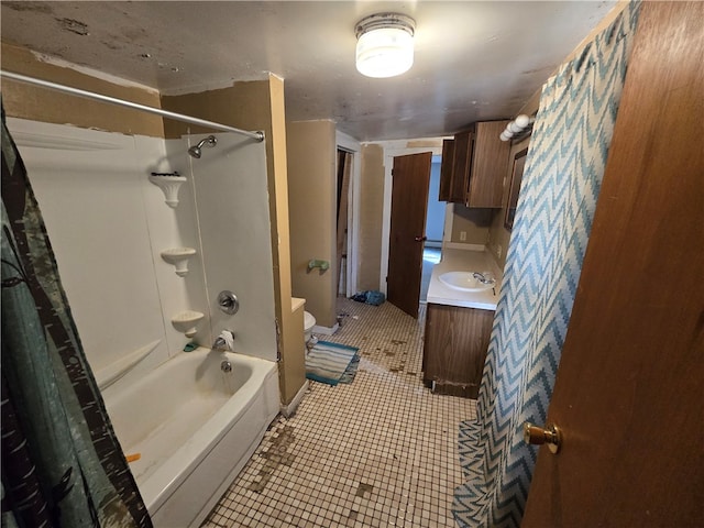 full bathroom with vanity, toilet, shower / bath combo, and tile patterned flooring