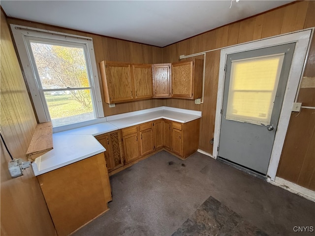 kitchen featuring wooden walls and dark colored carpet