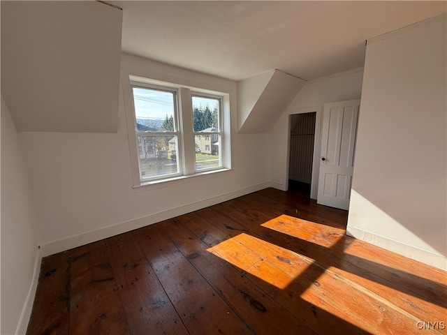 additional living space featuring vaulted ceiling and dark hardwood / wood-style flooring