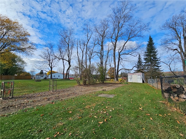 view of yard featuring a storage shed