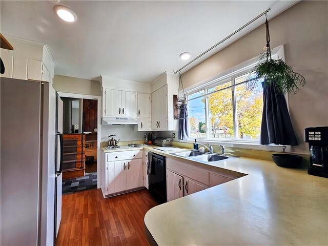 42 Pine Cir, Big Flats, NY 14845 - kitchen with freestanding refrigerator, dishwasher, a sink, under cabinet range hood, and light countertops