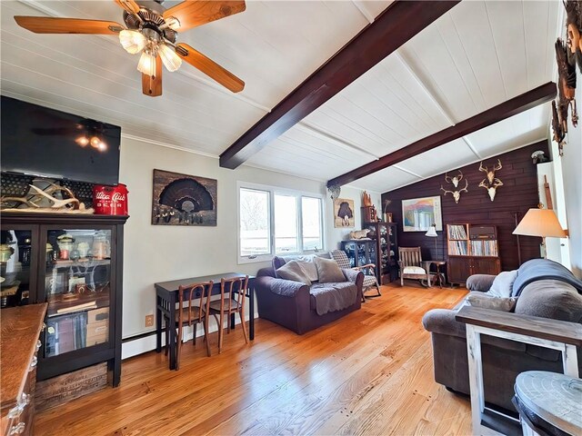 42 Pine Cir, Big Flats, NY 14845 - living area featuring light wood-style flooring, a ceiling fan, and wood walls