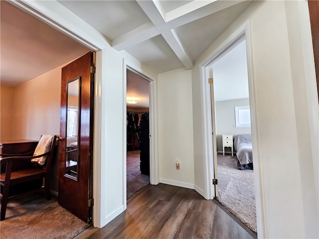 hall featuring coffered ceiling, beamed ceiling, dark hardwood / wood-style flooring, and a wealth of natural light