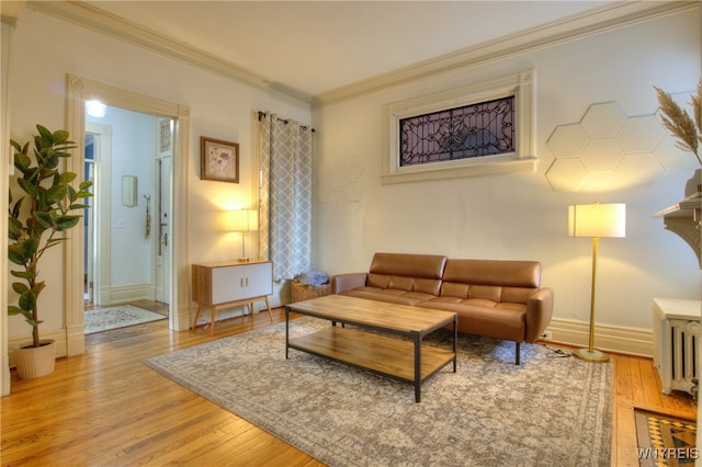 living room featuring ornamental molding, radiator heating unit, and light wood-type flooring