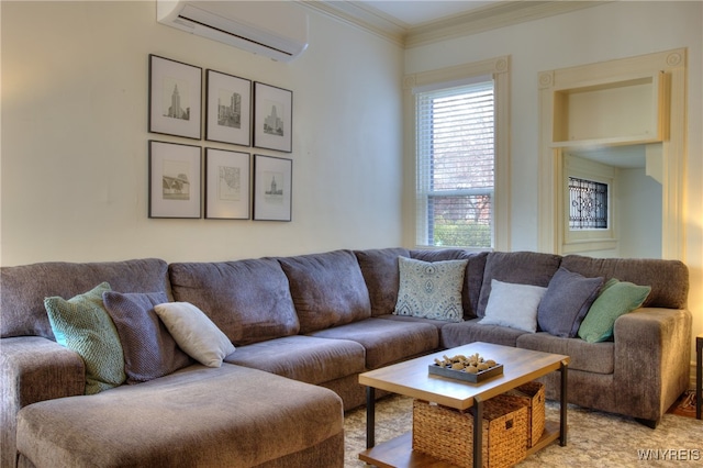 carpeted living room featuring a wall unit AC and crown molding