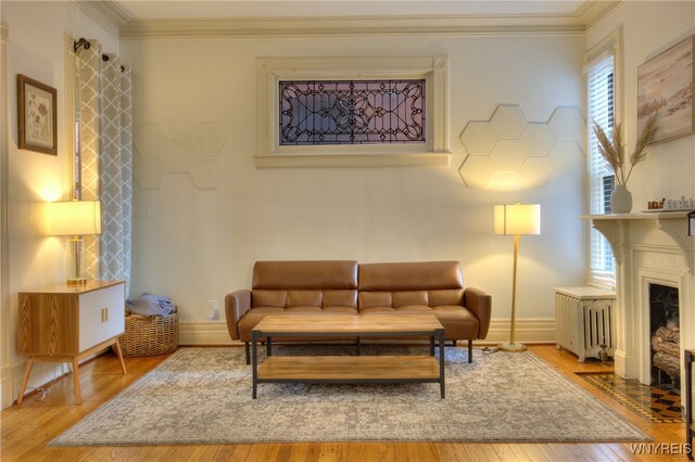 interior space featuring ornamental molding, radiator heating unit, and wood-type flooring