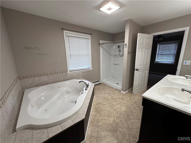 bathroom featuring vanity, separate shower and tub, tile patterned floors, and a baseboard radiator